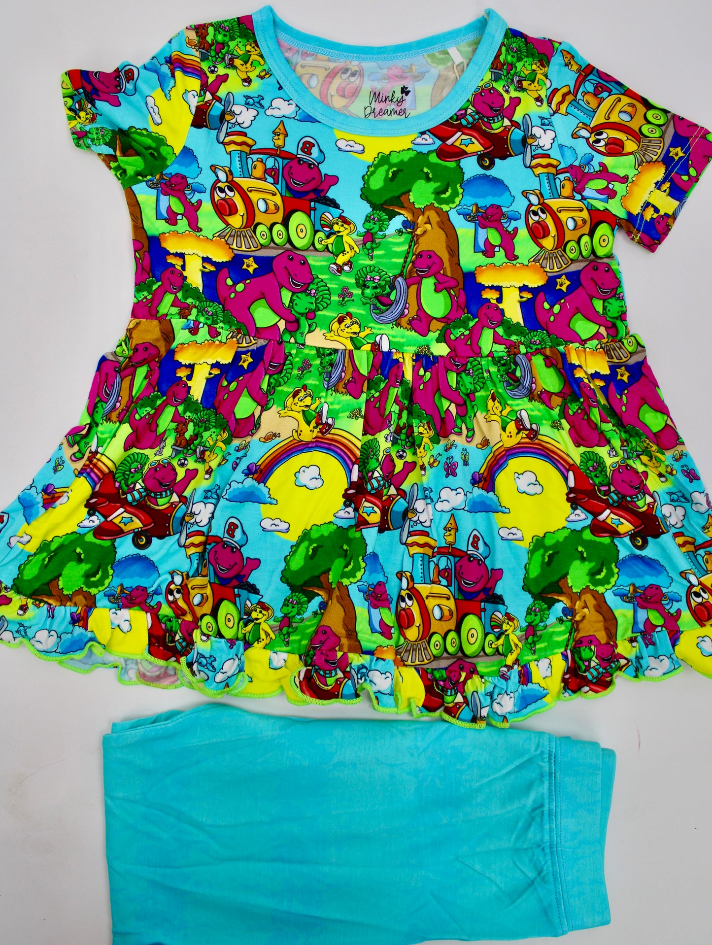 Friendly Purple Dinosaur Short Sleeve Peplum & Pants