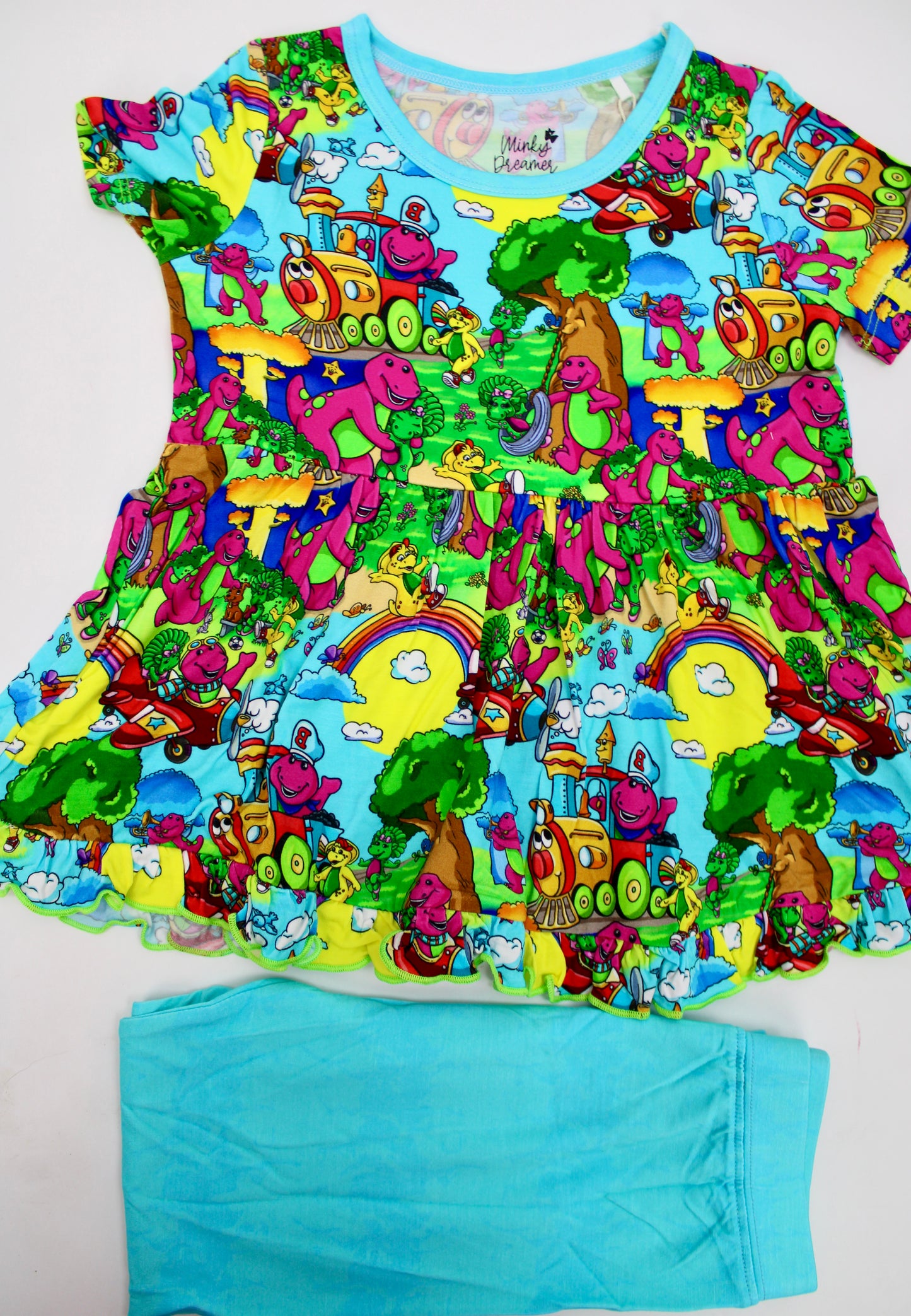 Friendly Purple Dinosaur Short Sleeve Peplum & Pants