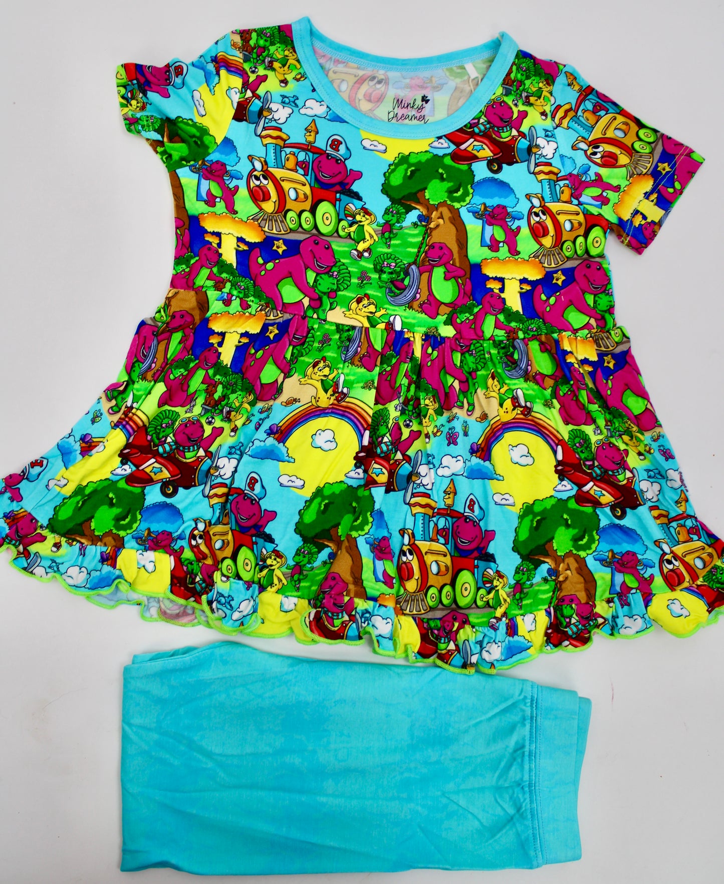 Friendly Purple Dinosaur Short Sleeve Peplum & Pants