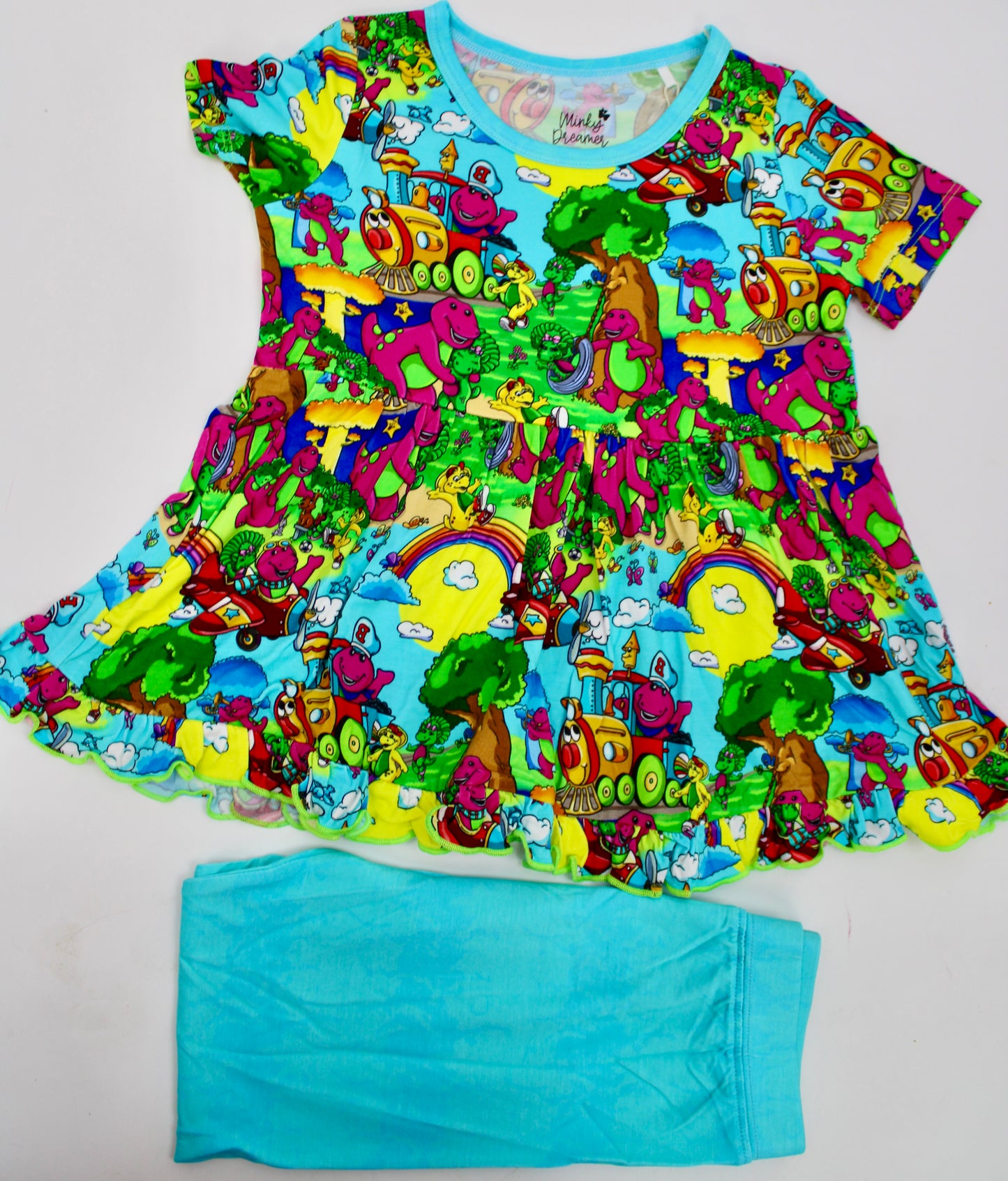 Friendly Purple Dinosaur Short Sleeve Peplum & Pants