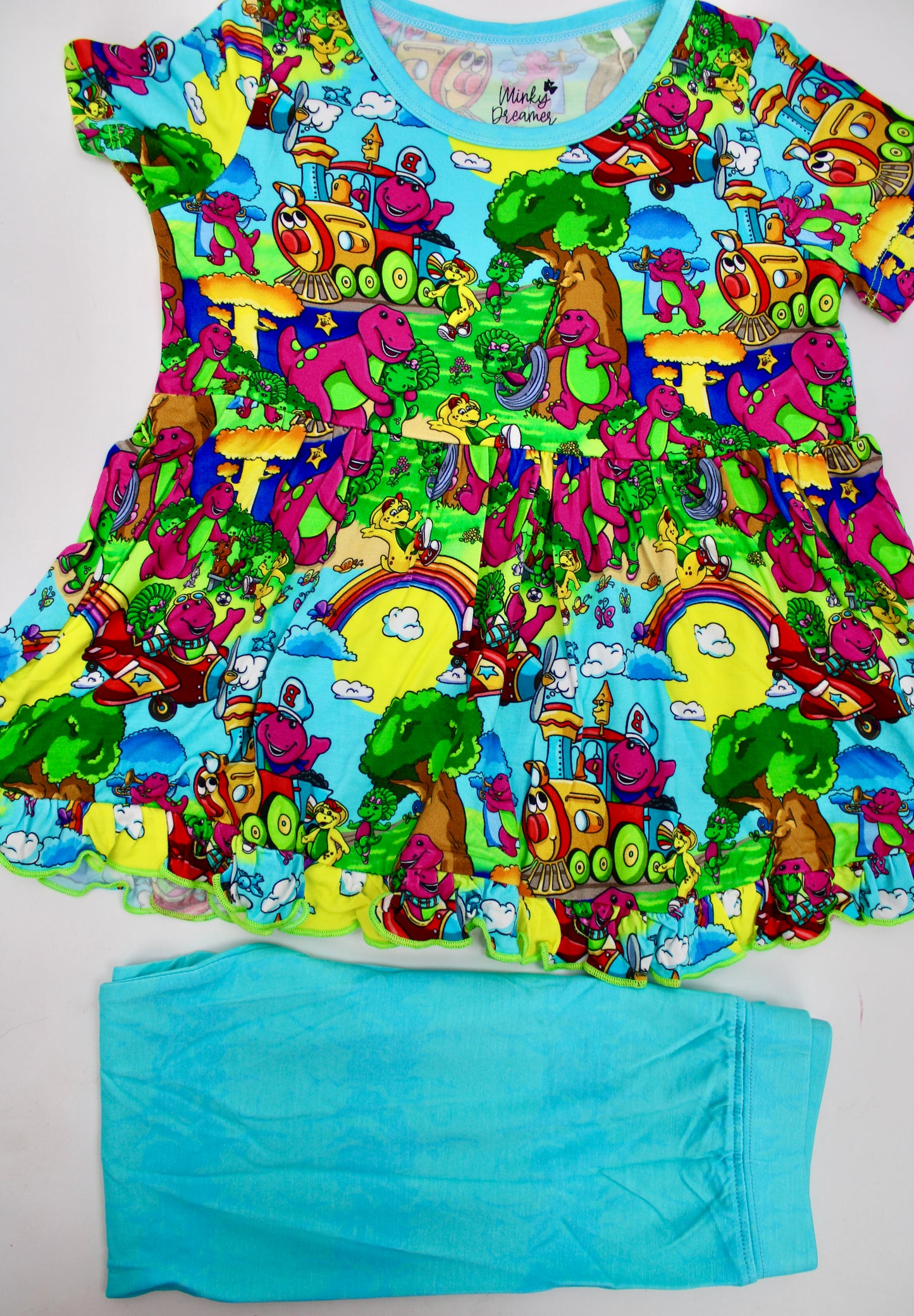 Friendly Purple Dinosaur Short Sleeve Peplum & Pants