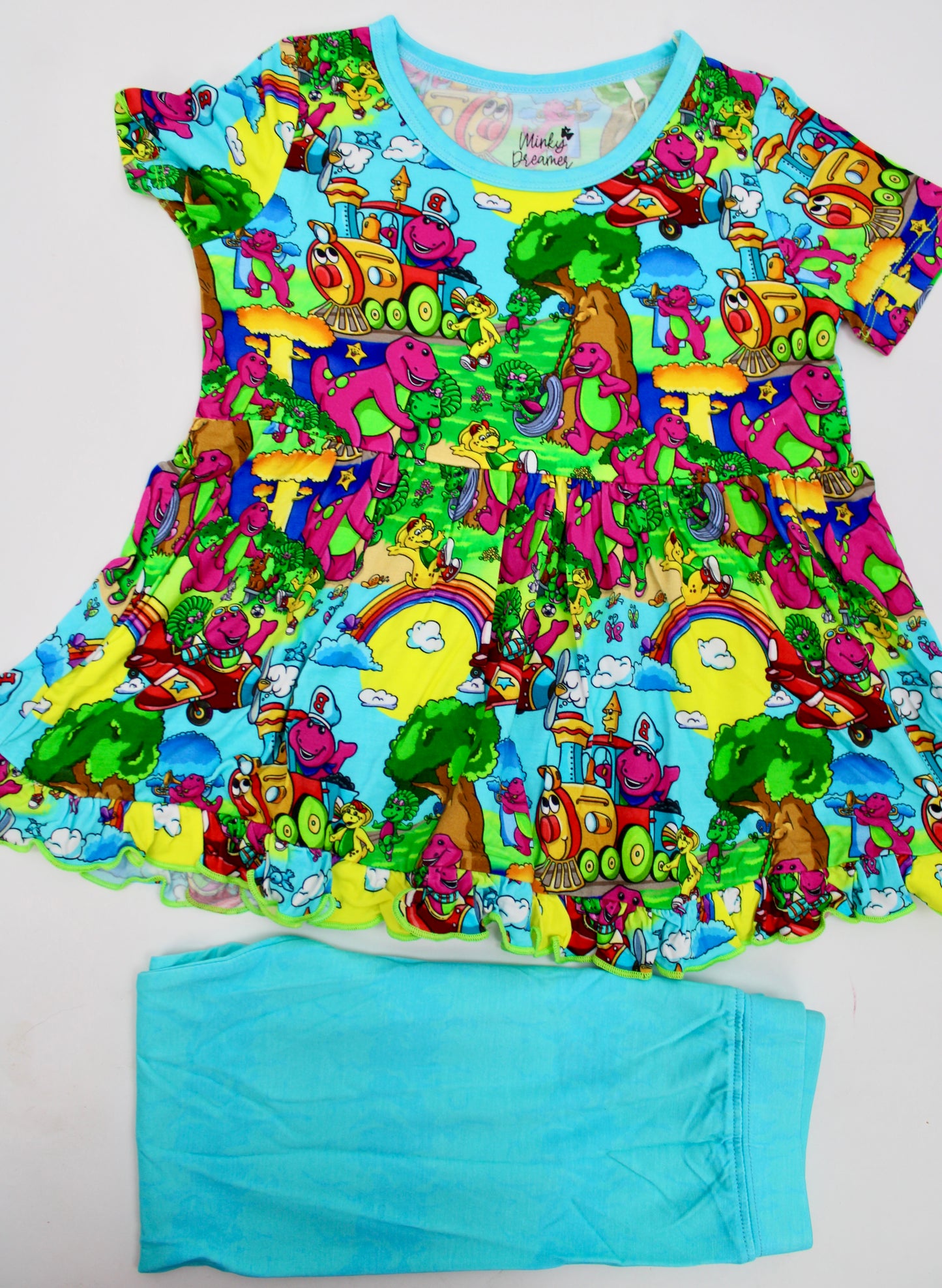Friendly Purple Dinosaur Short Sleeve Peplum & Pants
